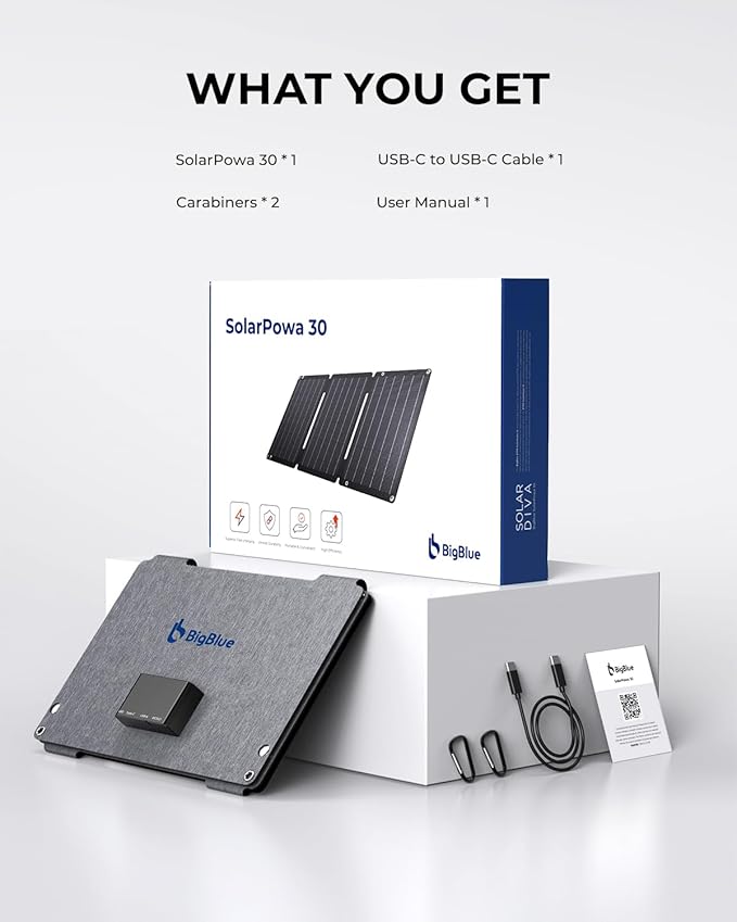 BigBlue 30W Solar Panel Charger with Fast Charging USB-A, USB-C and DC Ports, IP68 Waterproof, Portable Folding Solar Charger Compatible with iPhone, iPad, Samsung, LG, Power Banks, Power Station
