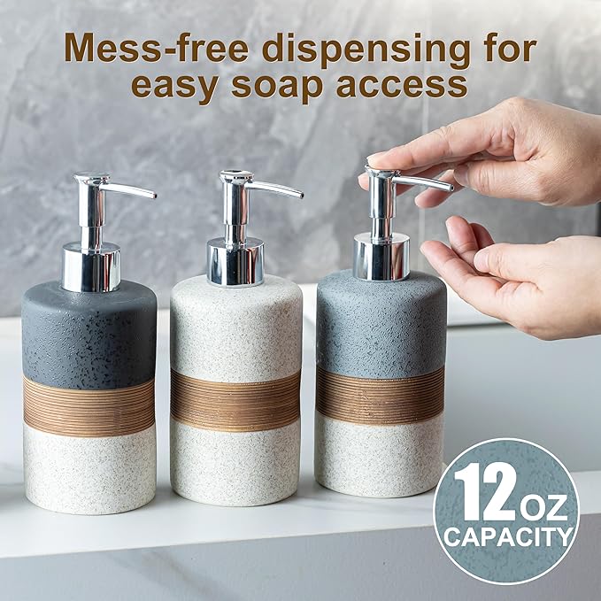 2-Pack Ceramic Soap Dispensers Set, Includes Stainless Steel Pump, Silicone