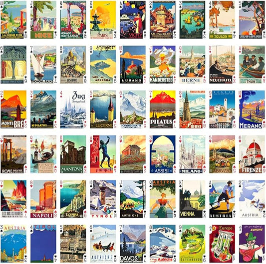 Europe Travel Playing Cards (Poker Deck 54 Cards All Different) Vintage European Travel Posters Retro Adverts