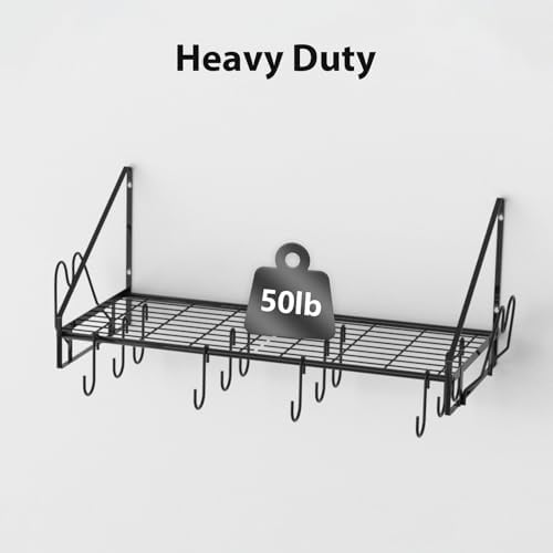 VyGrow 28 Inch Pot Rack Wall Mounted, Pots and Pans Organizer with 12 Hooks and 2 Pot Lid Holders, Heavy Duty Steel Pot and Pan Hanger for Kitchen Cookware Utensils Storage 34.7" Lx13 Wx12.6 H