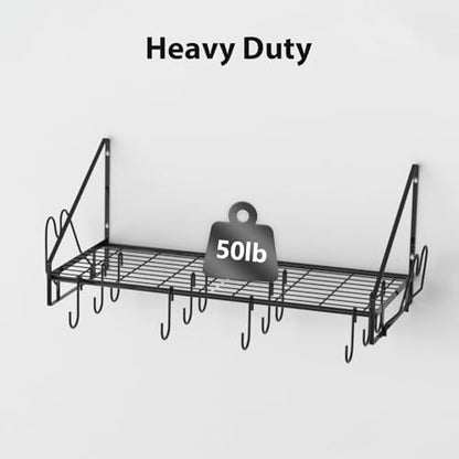 VyGrow 28 Inch Pot Rack Wall Mounted, Pots and Pans Organizer with 12 Hooks and 2 Pot Lid Holders, Heavy Duty Steel Pot and Pan Hanger for Kitchen Cookware Utensils Storage 34.7" Lx13 Wx12.6 H