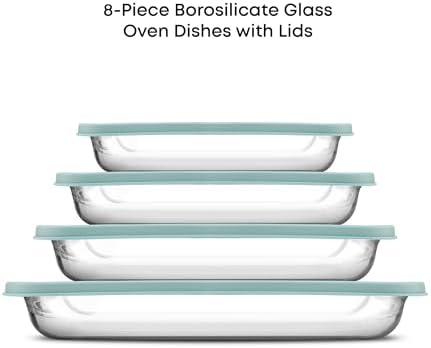 JoyJolt 8-Piece Borosilicate Glass Oven Dishes with Powder Blue Lids, Rectangle Deep Glass Baking Dish Set, Baking Pans for Lasagna Casserole Cake, Bakeware Set, Freezer to Oven Tray to Dishwasher