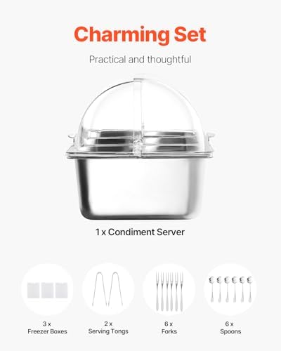 VEVOR Countertop Food Serving Display Container, 5 Pan Stainless Steel Food Serving Tray, Buffet Condiment Dispenser Display Rack with Clear Lid & 3 Freezer Boxes, for Restaurant Hotel Kitchen Party
