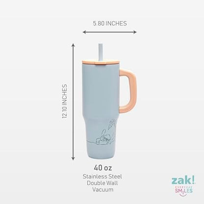 Zak Designs Disney Sutton Travel Tumbler for On the Go or At Home, 40oz Stainless Steel with Vacuum Insulation, Silicone Straw, Carry Handle, and 3D Artwork for Cold Drinks (Stitch)