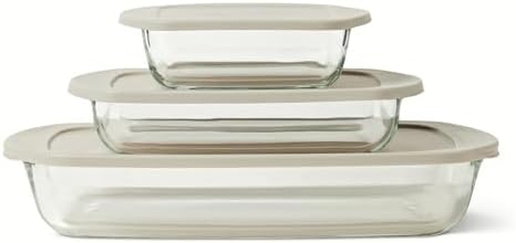 Amazon Basics Glass Baking Dishes with BPA-Free Lids, 6-Piece Bakeware Set, Borosilicate Glass, Oven-Safe up to 752°F, Non-Slip and Stackable, Dishwasher-Safe, Linen Gray