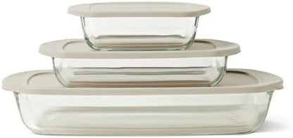 Amazon Basics Glass Baking Dishes with BPA-Free Lids, 6-Piece Bakeware Set, Borosilicate Glass, Oven-Safe up to 752°F, Non-Slip and Stackable, Dishwasher-Safe, Linen Gray