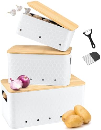 Kitchen Vegetable Storage Set of 3, Metal Onion Garlic Potato Storage Set, Kitchen Canisters Vegetable Keeper Containers with Aerating Holes and Bamboo Lid,Embossed White