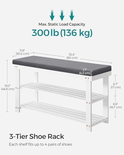 SONGMICS Bamboo Shoe Bench, 3-Tier Shoe Rack, 11.8 x 35.4 x 19.2 Inches