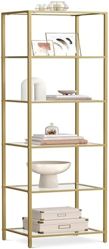 VASAGLE Bookcase Bookshelf, Tempered Glass Bookshelves, Steel Frame