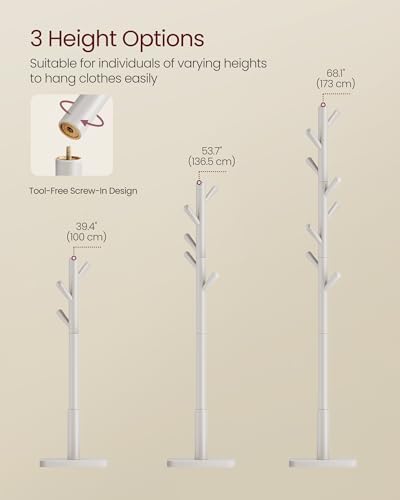 VASAGLE Solid Wood Coat Rack, Free Standing, 8 Hooks, 3 Height Options