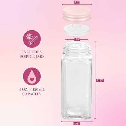 Paris Hilton Glass Spice Jar Storage Set, 4-Ounce Empty Spice Jars with Labels, Shaker Caps and Metal Lids, Collapsible Funnel Included, 20-Piece, Pink