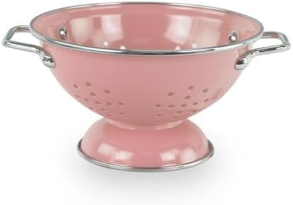 Reston Lloyd, 1 Quart Powder Coated Steel Kitchen Strainer Basket for draining Pasta, Vegetable and Fruit, Chrome Handles and Wide Stable Base, Pink