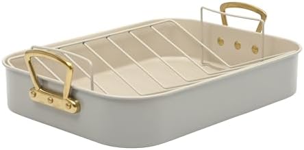 Gibson Home Broxton 2-Piece Nonstick Roaster Pan with Rack – 16 x 12 Inch Taupe Turkey Roasting Pan with Cast Aluminum Gold Handles – Oven-Safe, Easy-Clean, Holiday Cookware