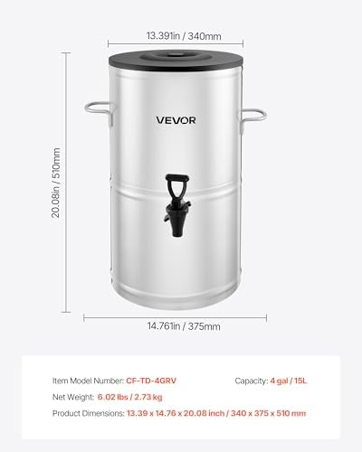 VEVOR Ice Tea Dispenser, 4 Gal/15L 304 Stainless Steel Beverage Dispenser with Spigot & Handle, Suitable for Hot and Cold Drinks, for Iced Tea Coffee Water in Cafes & Restaurants