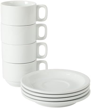 Gibson Home Gracious Dining 7-Ounce Cappuccino Cups Set of 4, Stackable Coffee Cups with 4 Saucers, Metal Stand, Coffee Mugs for Latte, Café, Mocha, Tea