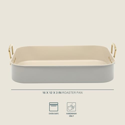 Gibson Home Broxton 2-Piece Nonstick Roaster Pan with Rack – 16 x 12 Inch Taupe Turkey Roasting Pan with Cast Aluminum Gold Handles – Oven-Safe, Easy-Clean, Holiday Cookware