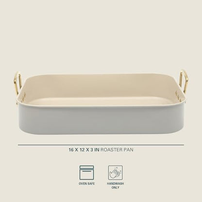 Gibson Home Broxton 2-Piece Nonstick Roaster Pan with Rack – 16 x 12 Inch Taupe Turkey Roasting Pan with Cast Aluminum Gold Handles – Oven-Safe, Easy-Clean, Holiday Cookware