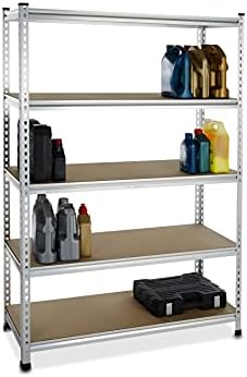 Amazon Basics 5-Tier Medium Duty Storage Shelving, Garage Storage Rack, Double Post Press Board Shelf, Adjustable, Easy Assembly, Space-Saving, Aluminum, 48" x 18" x 72"