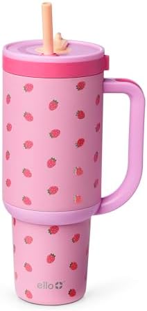 Ello Oasis Insulated Stainless Steel Tumbler with Straw, Strawberries, 40 Ounces (Pack of 8)