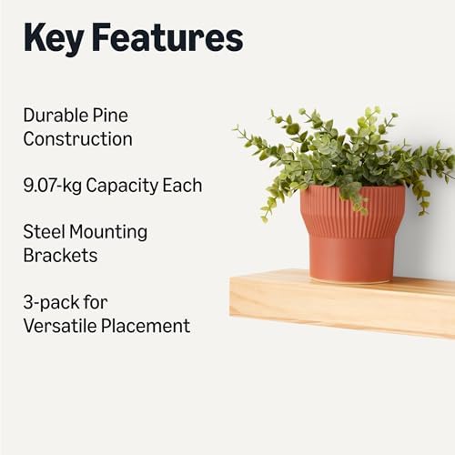 Amazon Basics Wood Floating Wall Shelves, 3-Pack, Pine, 15.8" x 5" x 1.8", Natural Wood Finish
