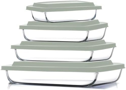 Eatex 8-Piece Deep Glass Casserole Dishes for Oven with Plastic lids, Rectangular Glass Baking Dish Set, Baking Pans for Lasagna,Leftovers, Cooking, Kitchen, Freezer-to-Oven and Dishwasher, Sage Green