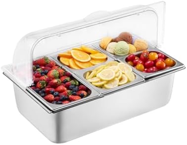 VEVOR Countertop Food Serving Display Container, 5 Pan Stainless Steel Food Serving Tray, Buffet Condiment Dispenser Display Rack with Clear Lid & 3 Freezer Boxes, for Restaurant Hotel Kitchen Party
