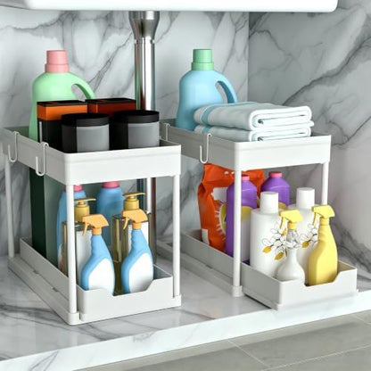 DEKAVA Cabinet, 2 Pack Under Sink Organizer, 2 Tier Sliding Bathroom Kitchen Organizer, Large White ABS Baskets, Easy Install & Clean