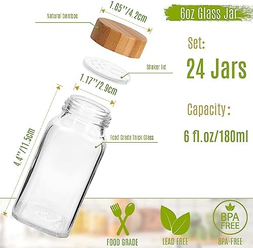 24 Pack 6 oz Glass Spice Jars with Bamboo Lids