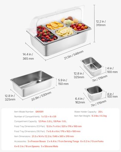 VEVOR Countertop Food Serving Display Container, 5 Pan Stainless Steel Food Serving Tray, Buffet Condiment Dispenser Display Rack with Clear Lid & 3 Freezer Boxes, for Restaurant Hotel Kitchen Party