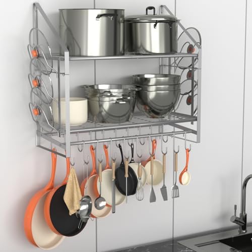 VyGrow 28 Inch Pot Rack Wall Mounted, 2 Tier Pots and Pans Organizer with 20 Hooks and 6 Pot Lid Holders, Heavy Duty Steel Pot and Pan Hanger for Kitchen Cookware Utensils Storage, Silver