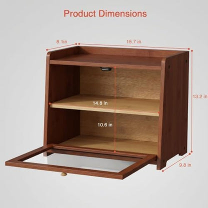 Walnut Brown Bread Box 2 Tier, Double Layer Breadbox for Kitchen Countertop
