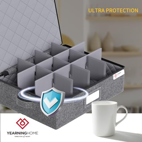 YearningHome Cup and Mug Storage Boxes with Dividers,Hard Shell Coffee Mug Organizer with Lid,Handles,Zips and Label Window for Coffee Mugs,Tea Cups,Packing and Moving,Hold 12,1 Pack, Grey