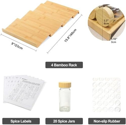 Spice Drawer Organizer with 20 Bamboo-lidded Spice Jars,216 Labels,25 Non-slip Rubber, Bamboo 4 Tier Seasoning Rack Tray Insert for Kitchen Drawers,Cabinets,Countertop,9" Wide x 15.8" Deep