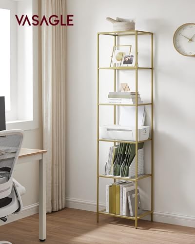 VASAGLE Bookcase Bookshelf, Tempered Glass Bookshelves, Steel Frame