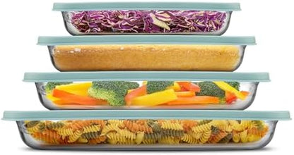 JoyJolt 8-Piece Borosilicate Glass Oven Dishes with Powder Blue Lids, Rectangle Deep Glass Baking Dish Set, Baking Pans for Lasagna Casserole Cake, Bakeware Set, Freezer to Oven Tray to Dishwasher
