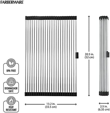 Farberware Dish Drying Rack Over the Sink, Large Stainless Steel Rolling Drying Rack for Kitchen Counter, Rust-Resistant Rods, Holds Up to 22 lbs, Dishwasher Safe