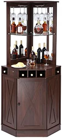 VEVOR Corner Industrial Bar Cabinet, Wine Table for Liquor & Glasses, Sideboard Buffet Cabinet with Glass Holder, Freestanding Farmhouse Wood Coffee Bar Cabinet for Living Room, Home Bar, Black Walnut