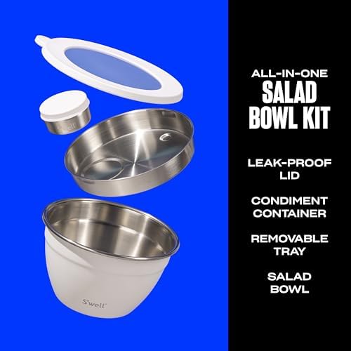 S'well Stainless Steel Salad Bowl Kit, Moonstone, Comes with 2oz Mini Canister and Removable Tray for Organization, Leakproof, Easy to Clean, Dishwasher Safe, 64oz (Pack of 8)