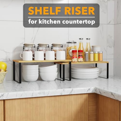 SpaceAid Cabinet Shelf Organizers 8 Pack, Kitchen Counter Rack Shelves Riser, Stackable Expandable Spice Rack, Pantry Cupboard Storage Organization (Black and Natural, Long)