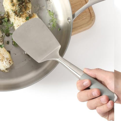 Calphalon Edge Solid Turner, Cooking Spatula, Kitchen Spatula, Stainless Steel Turner with Silicone Heat Resistance Handle, Nonstick-Safe Spatula with Ergonomic Handle (Taupe)