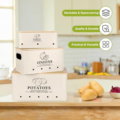 Kitchen Vegetable Storage Set of 3, Metal Onion Garlic Potato Storage Set, Kitchen Canisters Vegetable Keeper Containers with Aerating Holes and Bamboo Lid，Beige