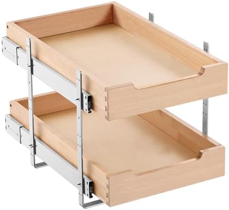 VEVOR 2 Tier Pull Out Cabinet Organizer, 14" W x 21" D Cabinet Drawer, Soft Close Slide out Shelf, Heavy-Duty Sliding Wood Drawer, Adjustable Base Cabinet Organization for Kitchen Pantry Bathroom