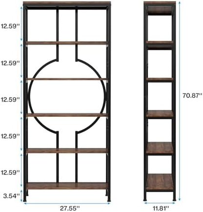 Tribesigns 70.9 Inch Industrial Bookshelf, 6-Tier Tall Etagere Bookcase with Open Shelves, Metal Decorative Book Shelf Storage Shelving Unit for Living Room and Home Office, Rustic Brown