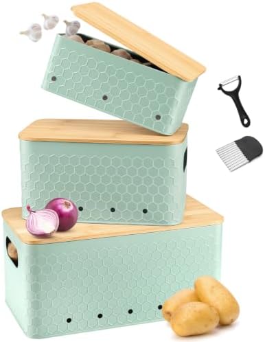 Kitchen Vegetable Storage Set of 3, Metal Onion Garlic Potato Storage Set, Kitchen Canisters Vegetable Keeper Containers with Aerating Holes and Bamboo Lid,Embossed Saga Green