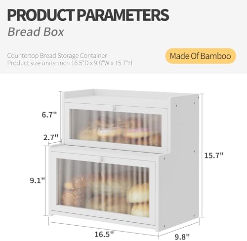 Double Layer Bamboo Bread Box for Kitchen Counter,Bread Holder,Countertop Bread Storage with Window (White)