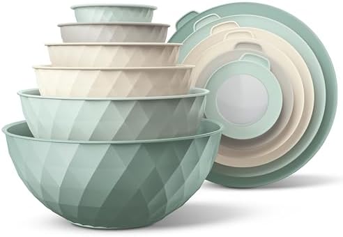 COOK WITH COLOR Mixing Bowls with Lids - 12 Piece Plastic Nesting Bowls Set includes 6 Prep Bowls and 6 Lids, Microwave Safe Mixing Bowl Set, Mint Diamond