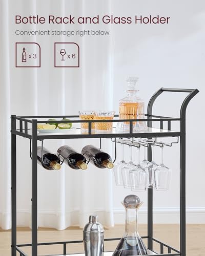 VASAGLE Bar Cart with 2 Mirrored Shelves, Wine Holders, Glass Holders