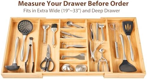 Umilife Extra Large Expandable Kitchen Drawer Organizer for Utensil and Junk, 19" Deep for Big Drawer, 19" to 33" Adjustable Bamboo Wood Drawer Divider, Cutlery Tray, Flatware Holder