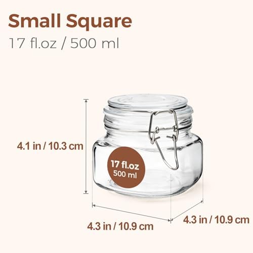 ComSaf Square Small 17 oz Glass Jars with Airtight Lids 6 Pack Wide Mouth