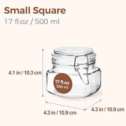 ComSaf Square Small 17 oz Glass Jars with Airtight Lids 6 Pack Wide Mouth